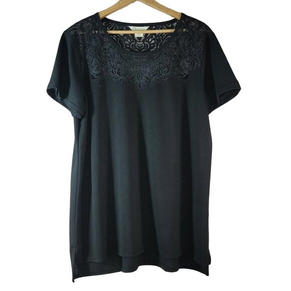 C.Wonder Womens Embroidered Top Black XXL Short Sleeve Rolled Cuffs Round Neck - Picture 1 of 6